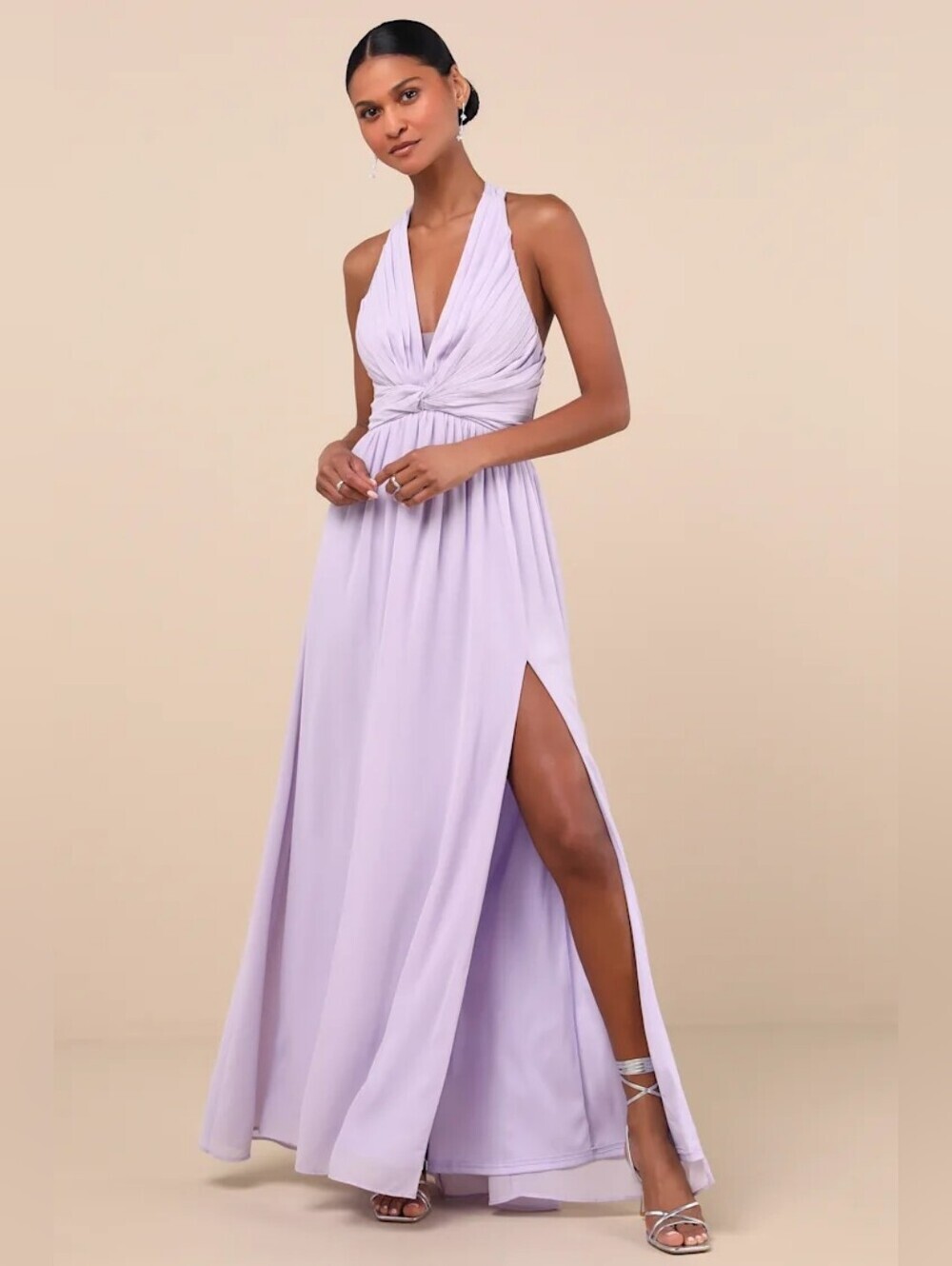 Lulus Marilina Lavender Pleated Twist-Front Maxi Dress L Wedding Party Formal - Picture 2 of 10